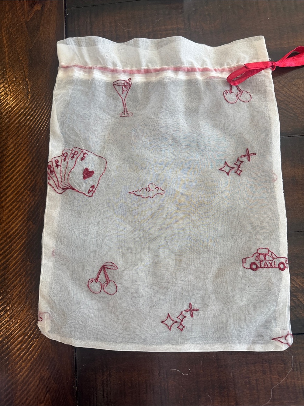 Abode White Drawstring Pouch with Red Cherry & Icon Embroidery